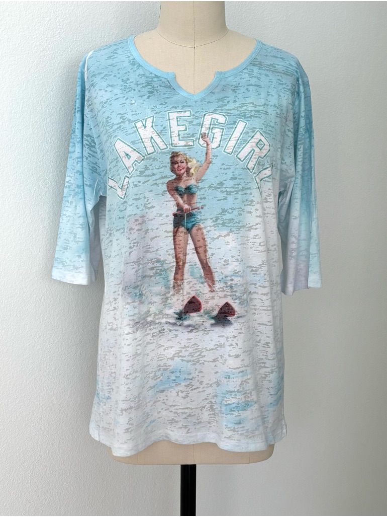 Lake Girl 3/4 Sleeve Graphic T-Shirt Nwt Vintage-Style Water Skier L
